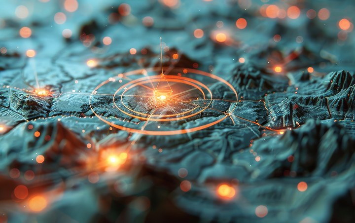 Glowing target rings over a topographic landscape