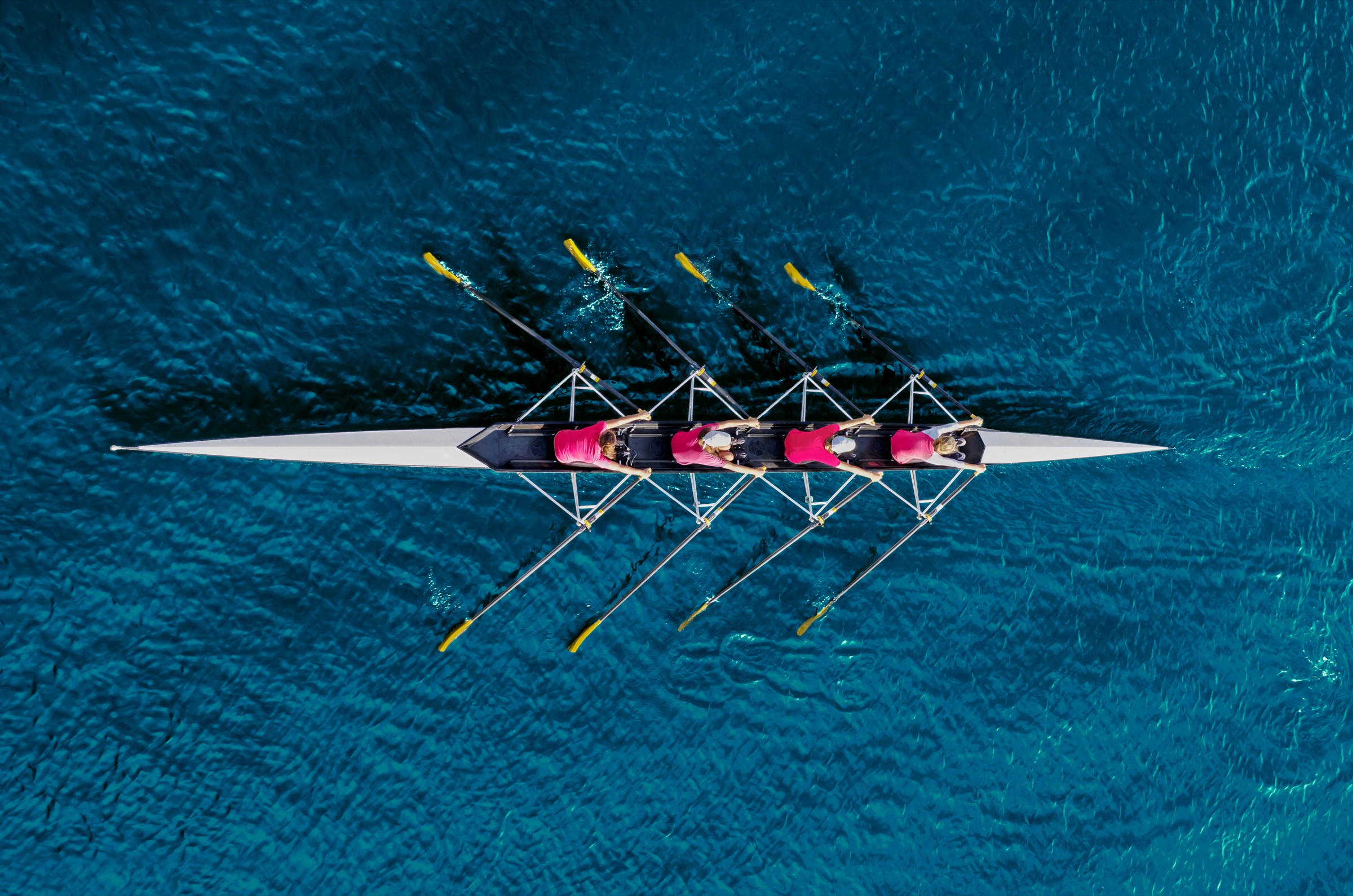 A rowing crew in sync, seen from above