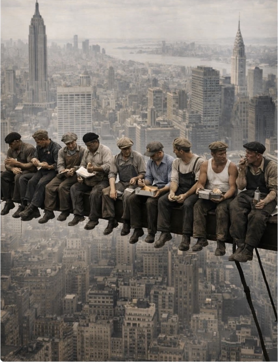 Construction workers eating lunch on a steel beam high above New York City