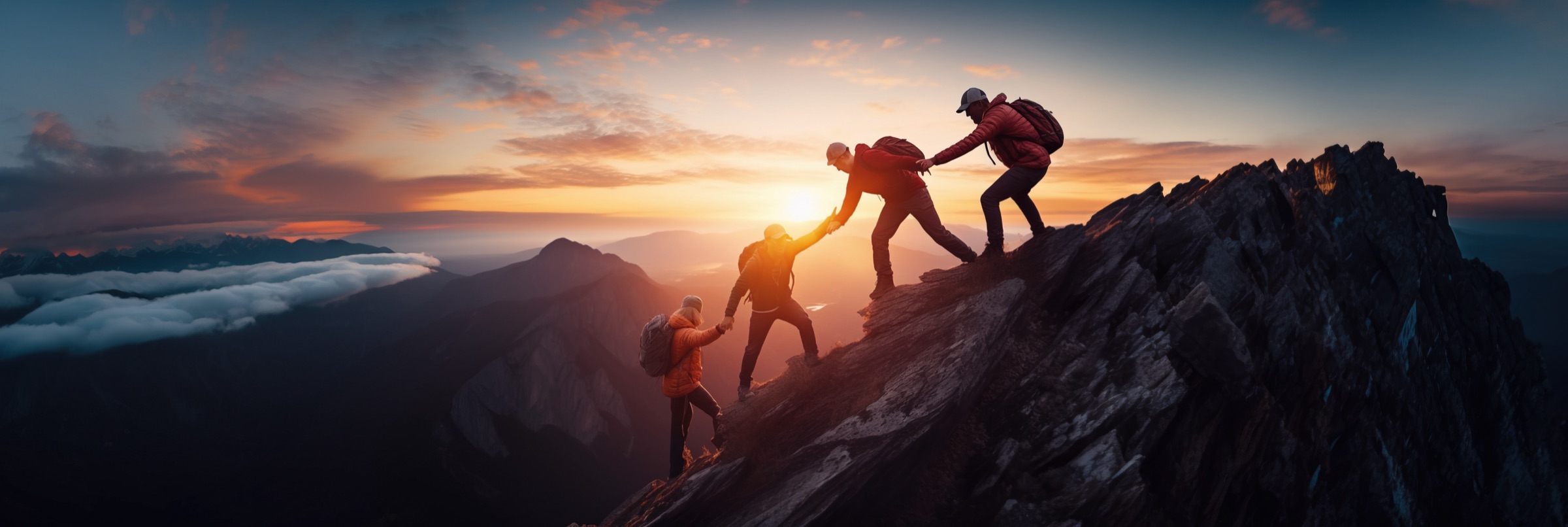 Hikers helping one another up a rocky summit at sunrise